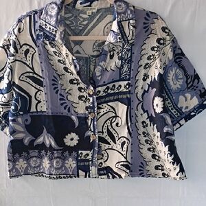 Christian Siriano Women's Blue and White Button Down Shirt Crop Top Size XL